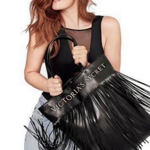 Victoria’s Secret Black Vegan Leather Fringed Tote NWT - Picture 11 of 11